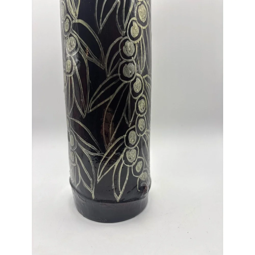 Handcraft Etched Bamboo Cylinder Vase Black Lacquer Botanical Leaf Berry Design